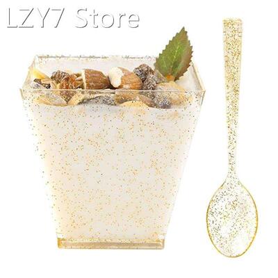 50Pack Square Small Dessert Cups-4oz Disposable Gold Glitter