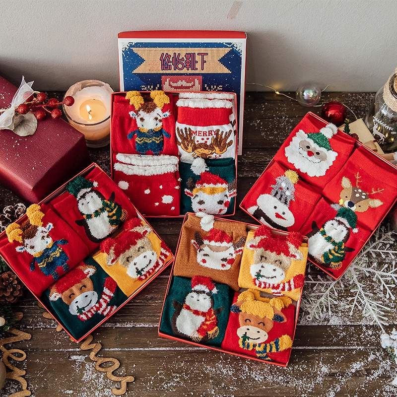 4 pairs christmas socks cartoon cotton gift box socks 圣诞袜