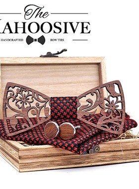 Mens 4PCS Wooden bow Tie Set Men Handkerchief wood Bowtie Cu