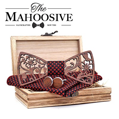 Mens 4PCS Wooden bow Tie Set Men Handkerchief wood Bowtie Cu