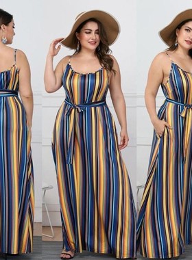 Big yards dress sexy low-cut stripe sleeveless condole beach