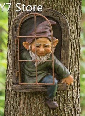 Gnome Leave The Window Whimsical Tree Sculpture Garden Decor