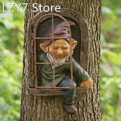Gnome Leave The Window Whimsical Tree Sculpture Garden Decor