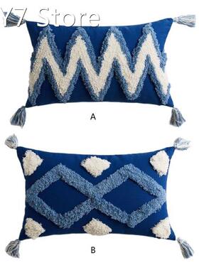 30x50cm Boho Lumbar Pillow Case White Blue Geometric Tufted
