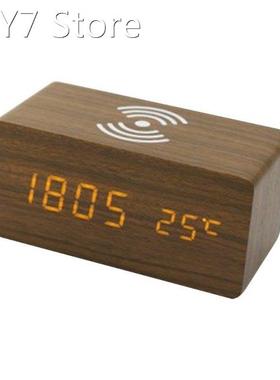 Digital Alarm Clock with Wireless Charging Bedroom Wood Elec