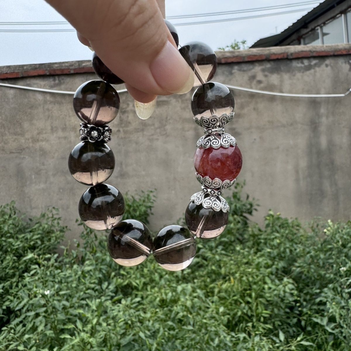 水晶萌发天然茶水晶大珠手串红胶花手链纯银原创设计礼物闺蜜女友