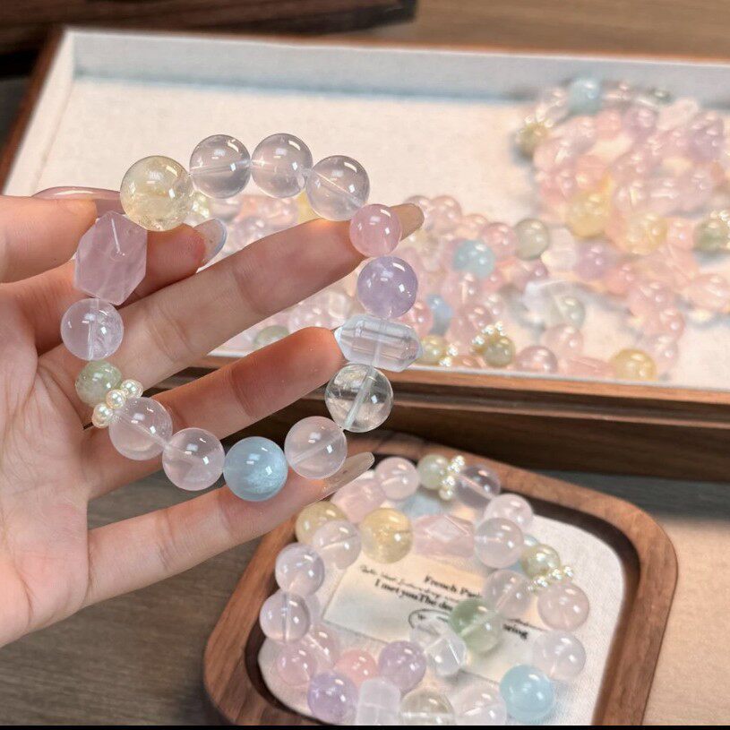 彩虹天然女多宝白水晶海蓝宝粉晶黄水晶手串小清晰饰品送闺蜜礼物