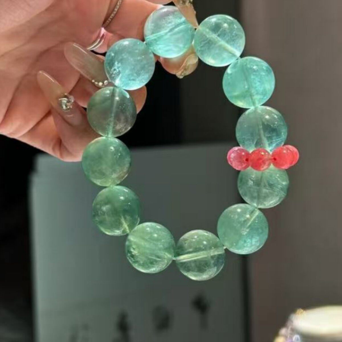 纯天然水晶手串大颗粒薄荷绿兔毛萤石手链女生小清新单圈百搭手链