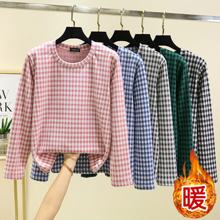 加厚打底衫 德绒圆领宽松保暖上衣女冬加绒格子睡衣上装 休闲大码