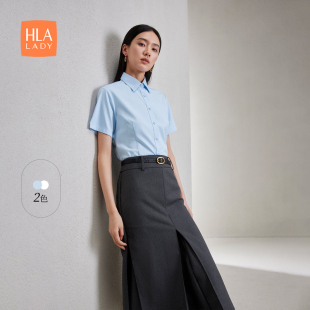 HLA/海澜之家纯色通勤短袖衬衫2024春夏新款翻领正装衬衣女装