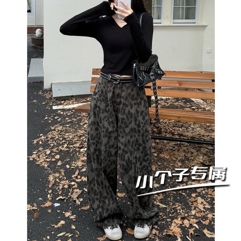 美式辣妹拼接豹纹弯刀牛仔裤女小个子新款高腰显瘦廓形宽松阔腿裤,女装/女士精品,牛仔裤,淘宝优惠券,粉丝福利购,淘宝优惠卷