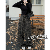 美式 高腰显瘦廓形宽松阔腿裤 辣妹拼接豹纹弯刀牛仔裤 女小个子新款