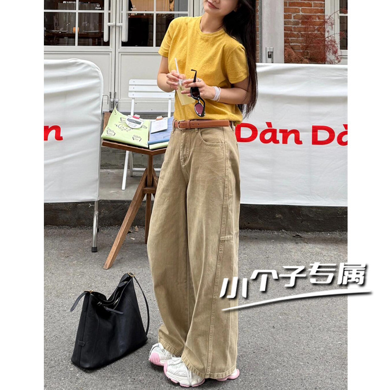 卡其色弯刀牛仔裤女小个子美式复古宽松垂感休闲直筒拖地阔腿裤子
