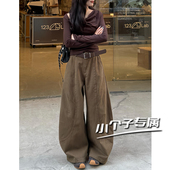美拉德咖色弯刀阔腿牛仔裤 子 女小个子高腰宽松bf慵懒风休闲拖地裤