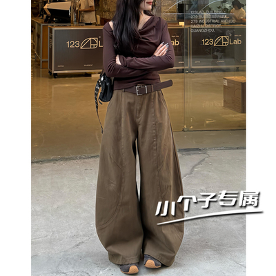 美拉德咖色弯刀阔腿牛仔裤女高腰