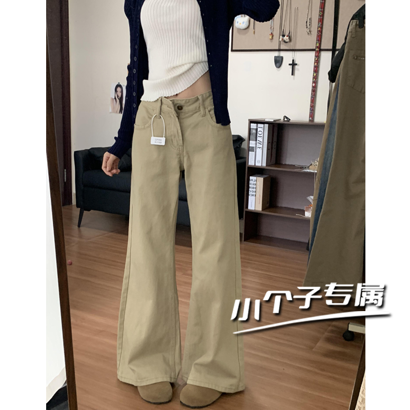 美式卡其色低腰微喇阔腿牛仔裤女