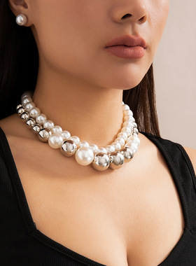 欧美跨境饰品 夸张大珠子时尚短款项链choker 朋克气质仿珍珠项圈