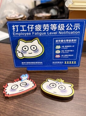 打工仔疲劳等级公示趣味桌面立牌卡通猫咪奶茶店工位搞怪摆件打工