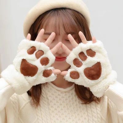 秋冬可爱猫爪半指毛绒手套学生写字加绒漏指保暖半指熊掌手套跨境