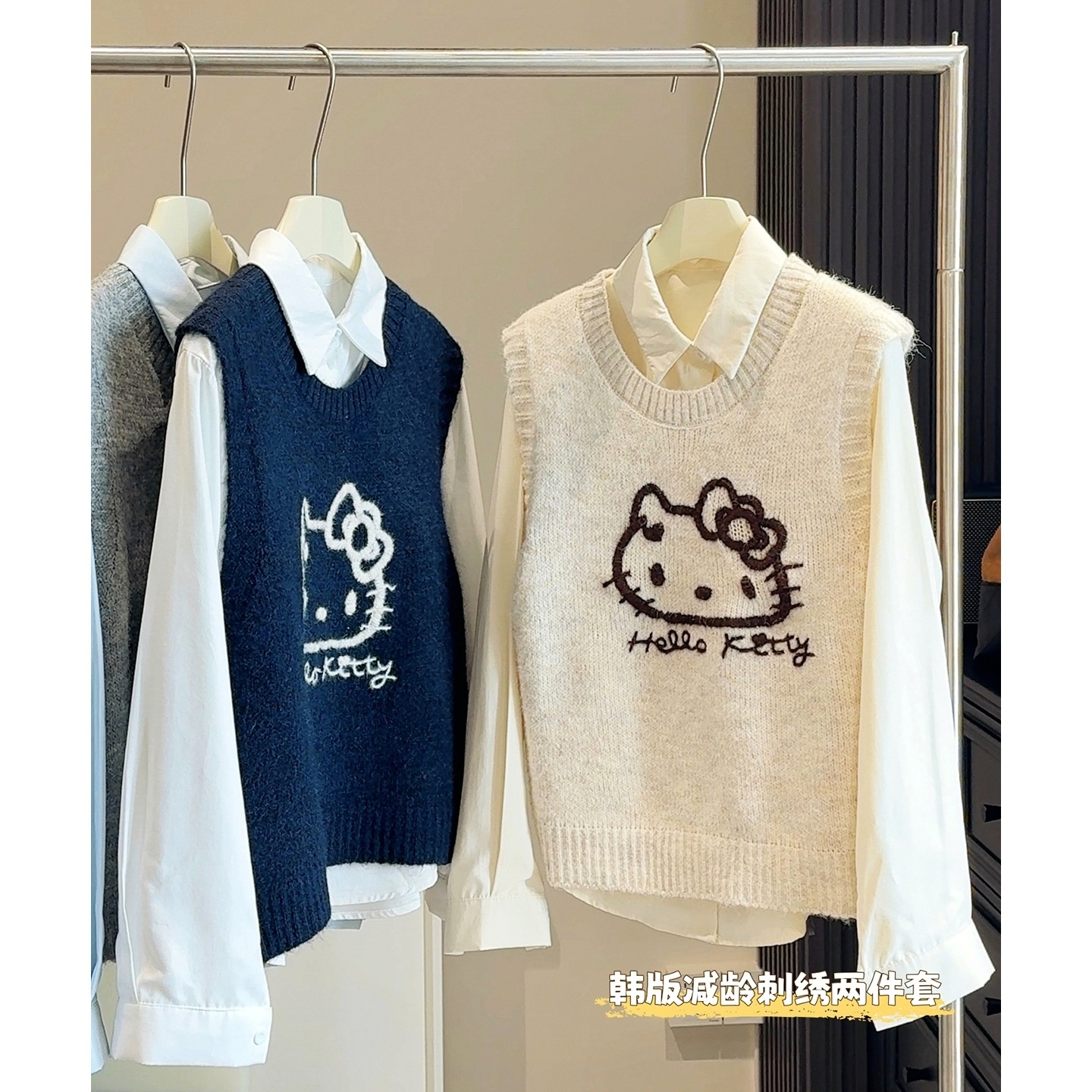 2025新款卡通猫咪刺绣针织马甲背心女秋冬新款外搭叠穿衬衫上衣