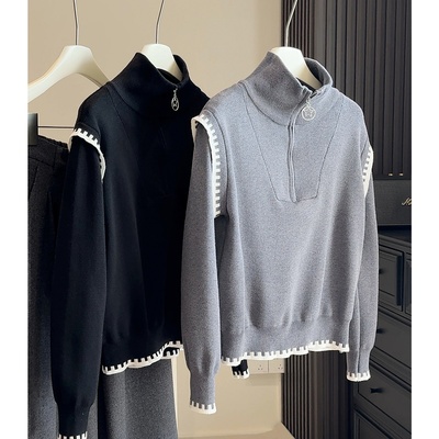 2025新款设计感灰色高领半拉链毛衣女2025秋冬宽松显瘦打底针织衫