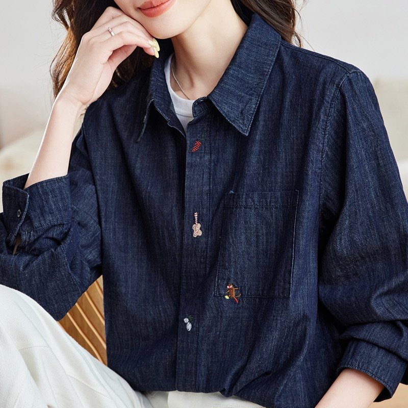 新款棉茧 复古文艺森系牛仔外套长袖衬衫女装秋季新款刺绣韩系