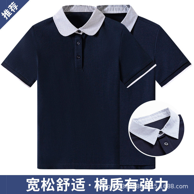 英伦学院风夏季学生藏青色格子衣领短袖 男童polo衫T恤