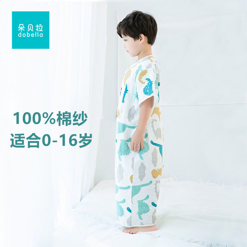 100%纯棉纱布婴儿睡袋夏季薄款睡袍宝宝儿童春夏天短袖睡衣加大码