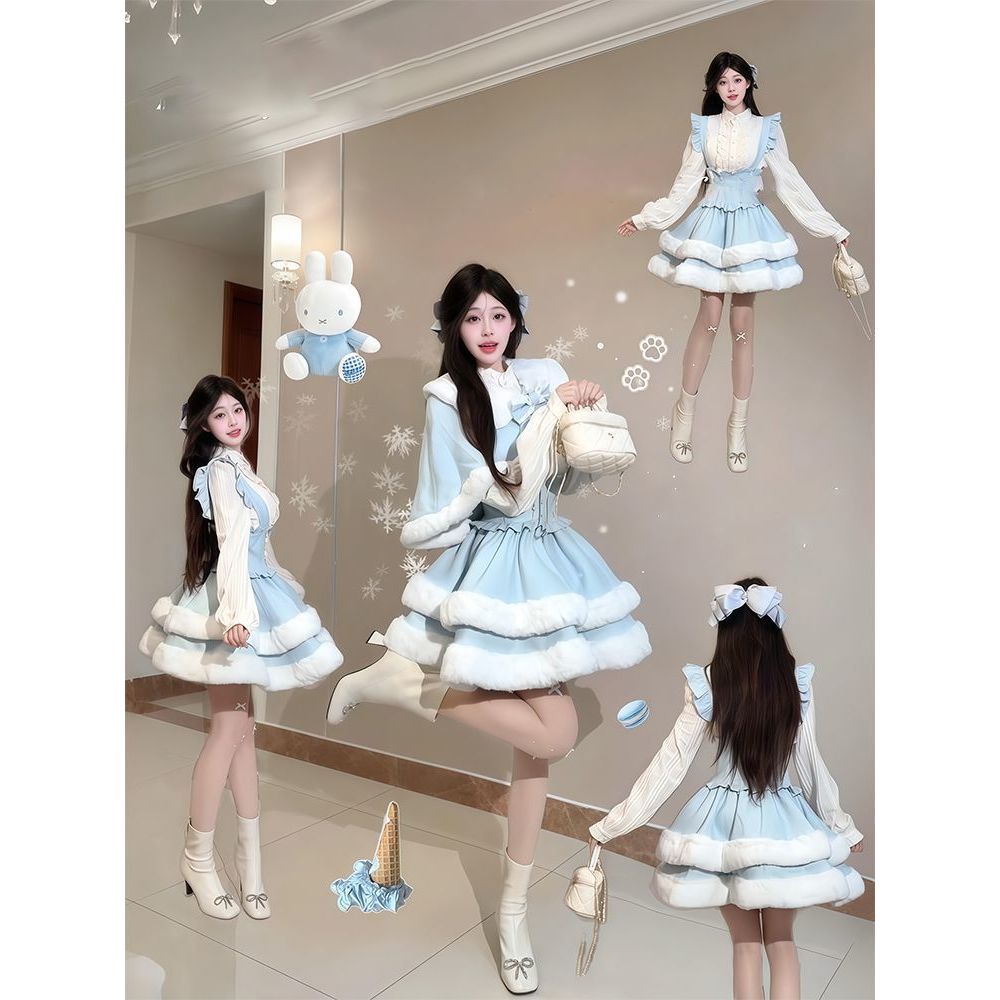 【甜心小冰墩】冬日保暖毛茸茸可爱三件套装女斗篷+内搭上衣+裙子
