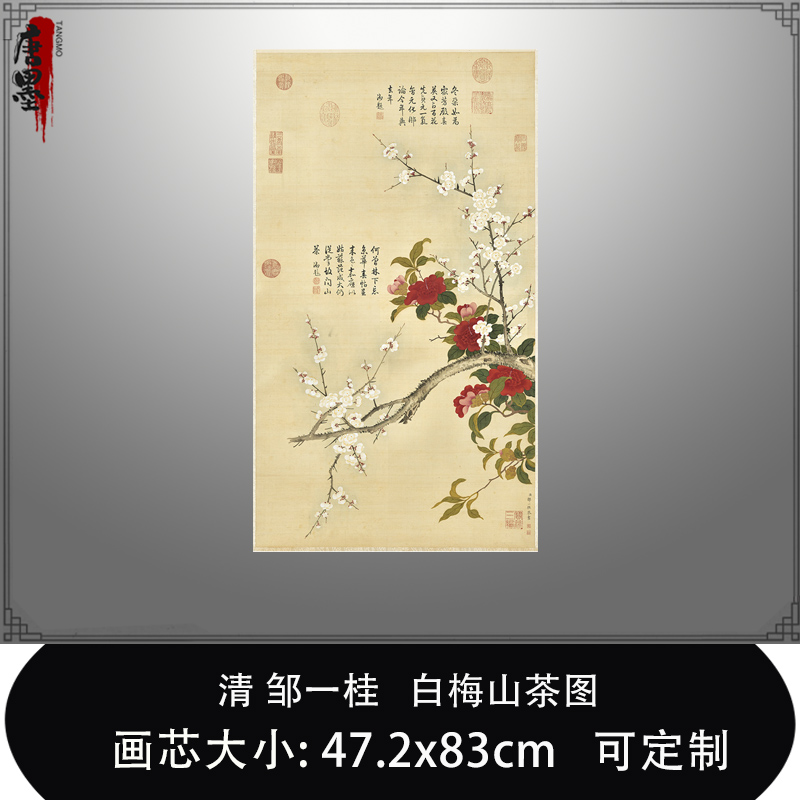 1:1 清 邹一桂 白梅山茶图台北故宫花鸟画真迹复制品临摹稿装饰画 家居饰品 国画 原图主图