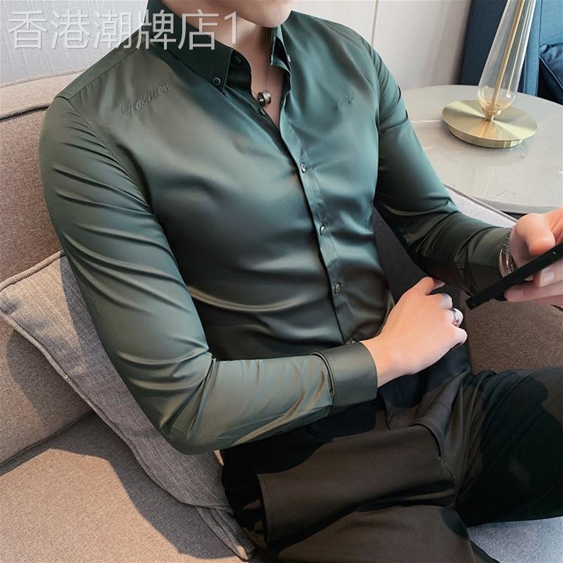 秋季高级感长袖衬衫男刺绣薄款休闲男装韩版潮流修身免熨烫抗皱衬