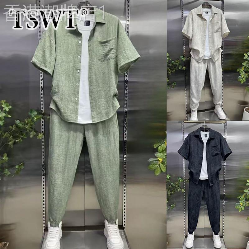 高端亚麻休闲套装男士夏季2026新款透气短袖衬衫束脚裤男款两件套