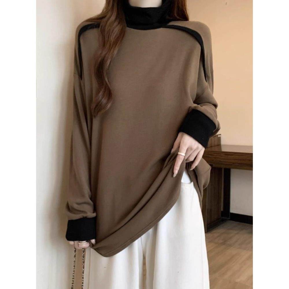 宽松慵懒风卫衣女秋冬内搭半高领打底衫大码胖mm中长款美拉德上衣