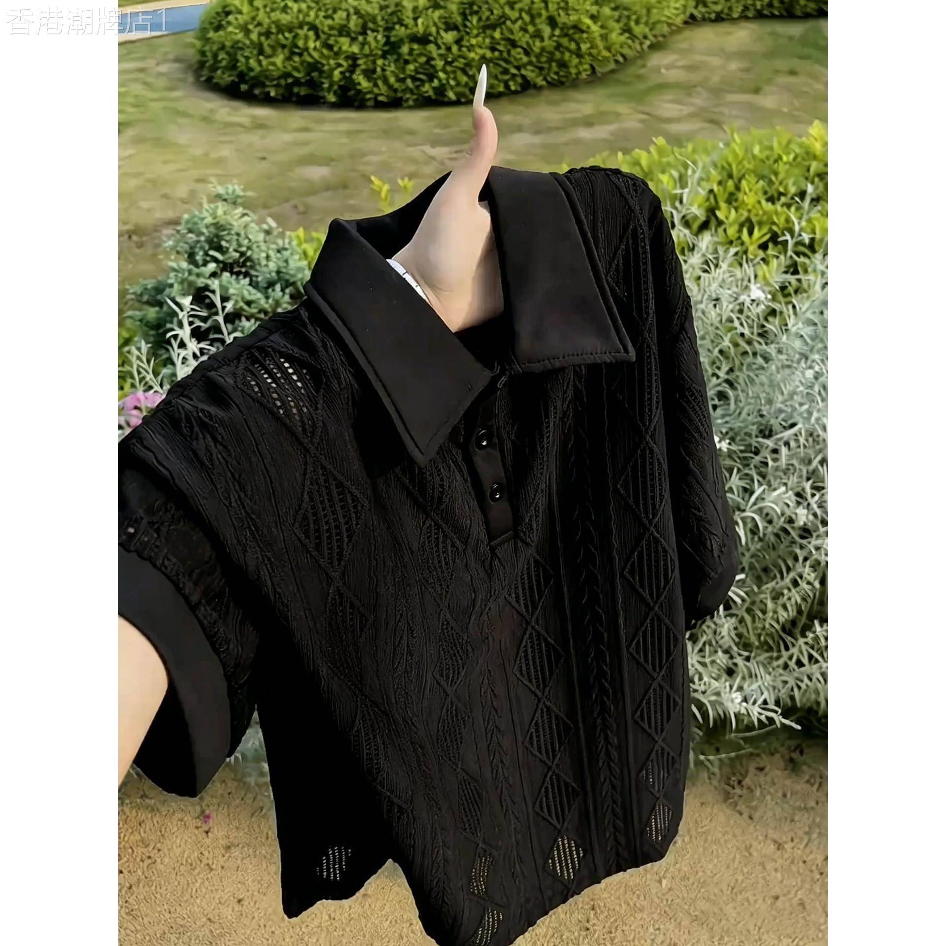 黑色镂空针织短袖polo衫男夏季薄款美式翻领网孔透气半袖T恤上衣