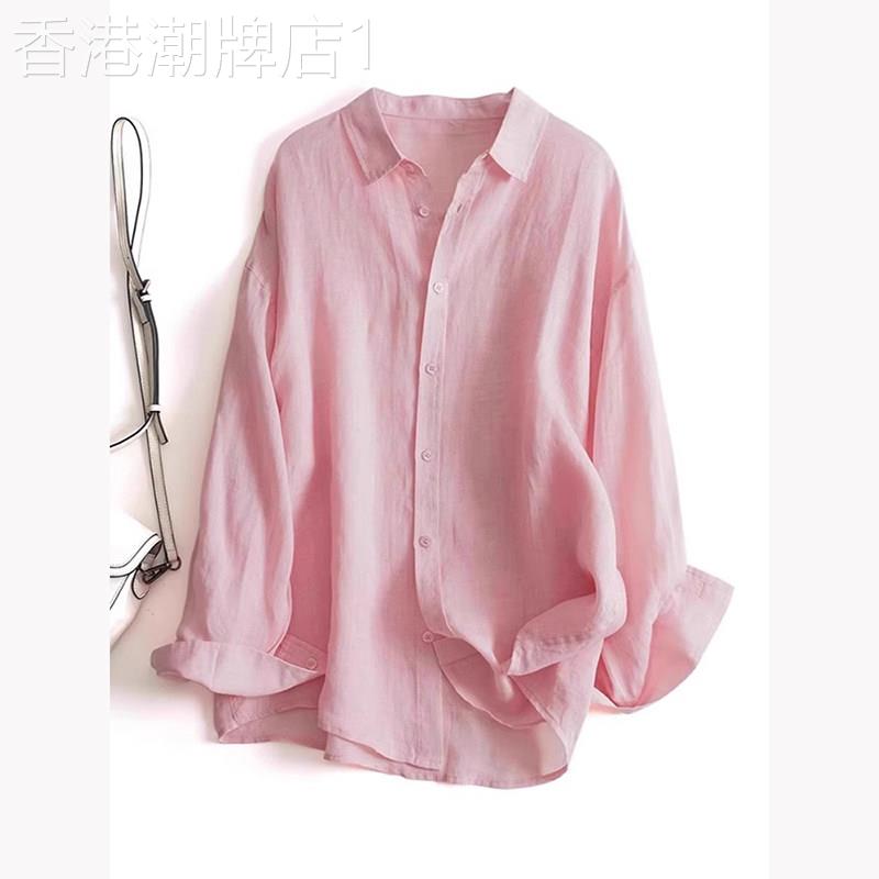 粉色棉麻防晒衬衫女夏季薄款2026新款休闲宽松高级感亚麻上衣外套