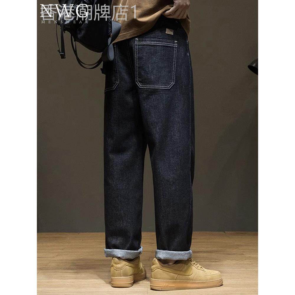 直筒牛仔裤男潮牌秋冬季加绒加厚潮流宽松大码裤子不掉色休闲长裤
