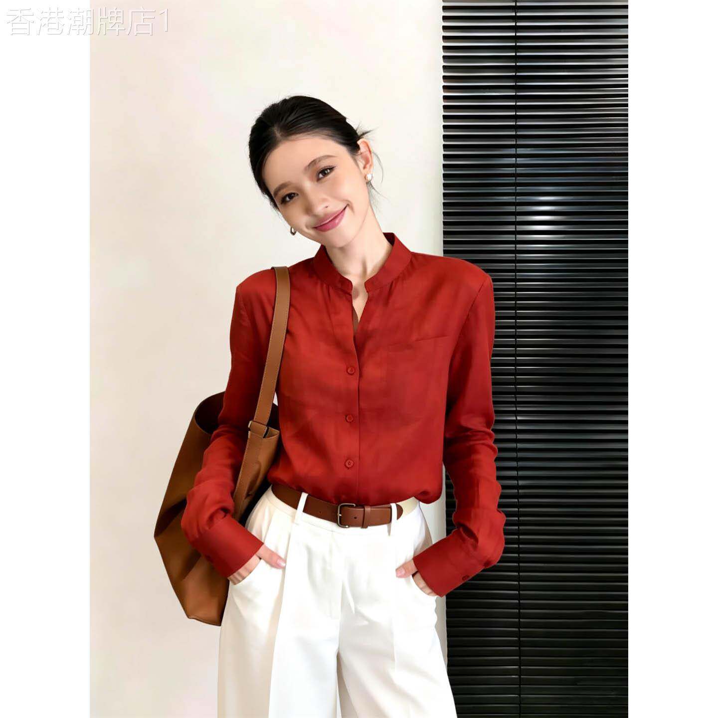 红色立领长袖衬衫女春秋欧货港风复古宽松显瘦衬衣百搭减龄上衣潮