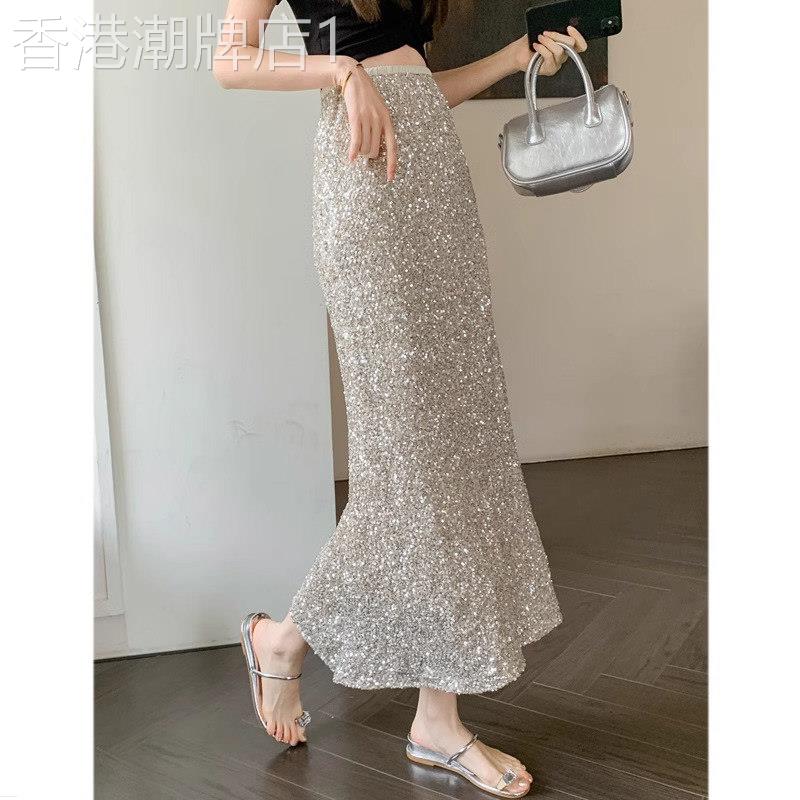 亮片半身裙女春秋季2026新款高腰a字显瘦中长款包臀一步鱼尾裙子
