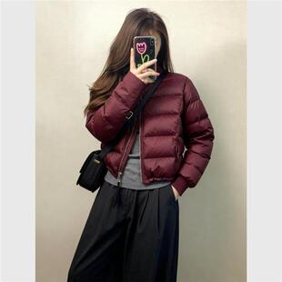 现货！酒红色轻薄排骨羽绒服棉服女短款小个子巨好看新年冬装外套