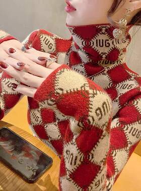 香港TIMO高领红色加厚毛衣打底衫女秋冬洋气内搭时髦半高领针织衫