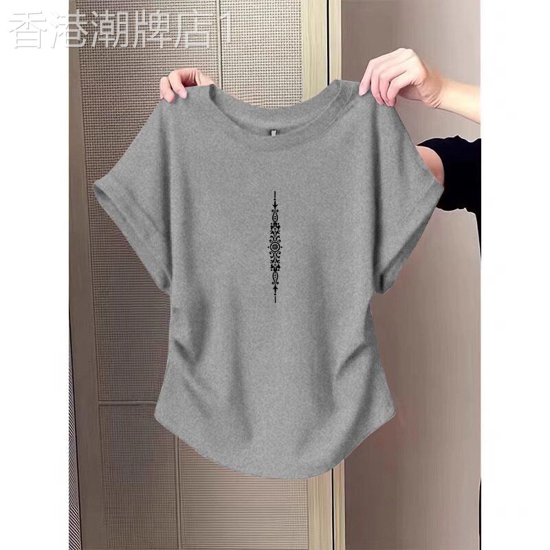 正肩短袖T恤女夏季2026新款小个子短款灰色圆领字母印花纯棉上衣