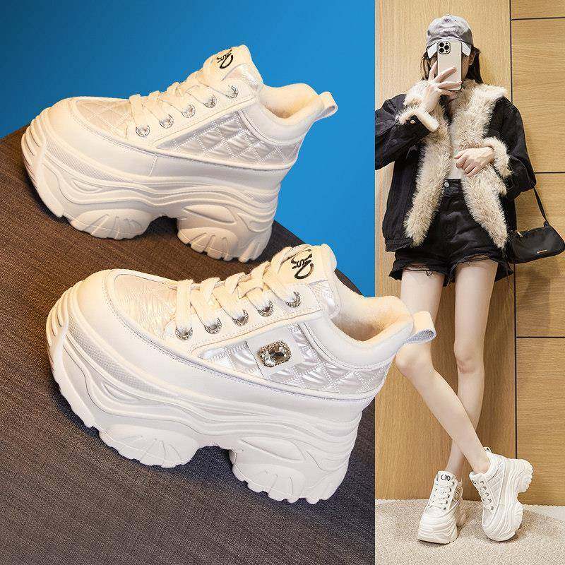 香港内增高老爹鞋女2025冬季真皮加绒松糕厚底小个子运动休闲鞋子