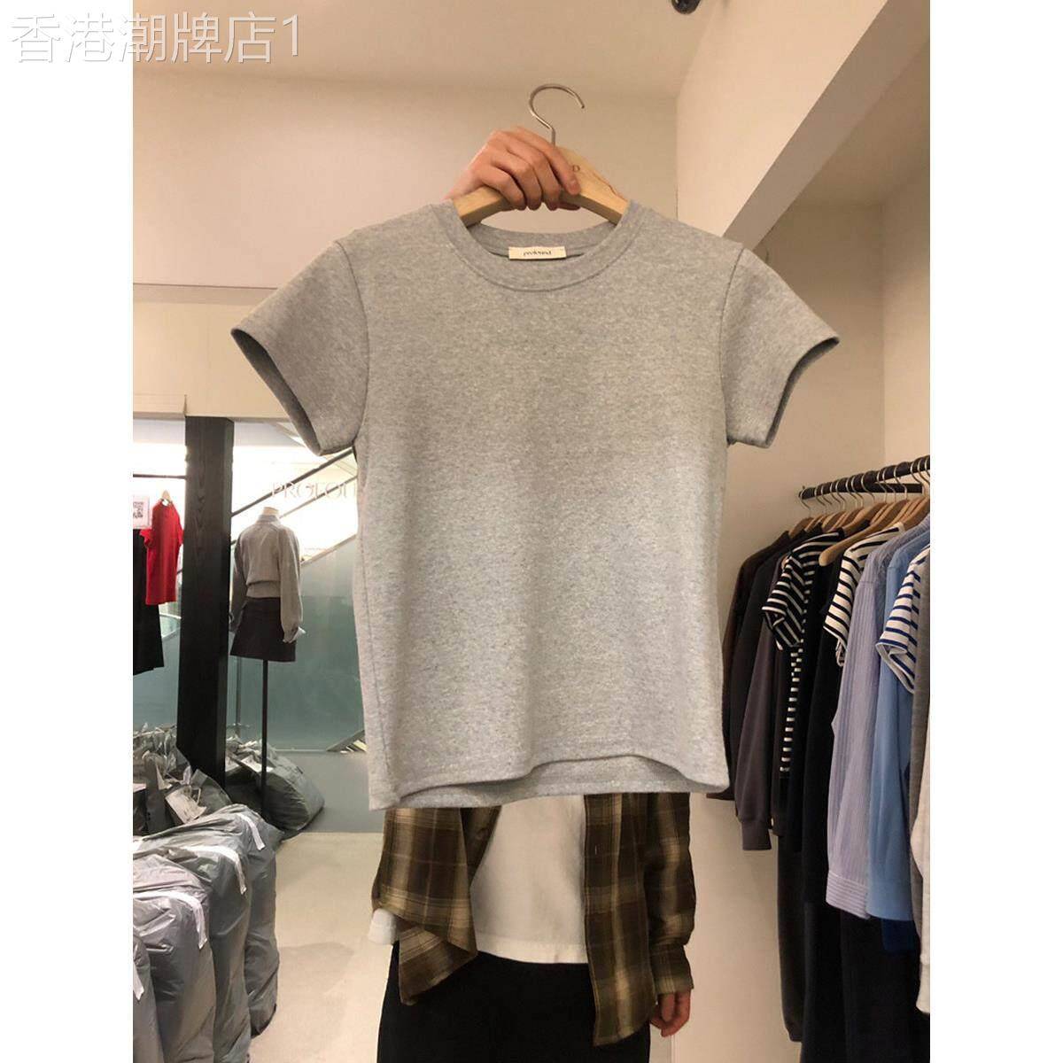 灰色短袖T恤女2026夏季新款圆领套头修身显瘦正肩上衣休闲内搭衣
