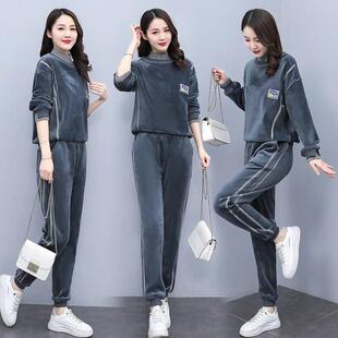 金丝绒运动套装2025女秋冬季休闲时尚宽松显瘦圆领卫衣加绒两件套