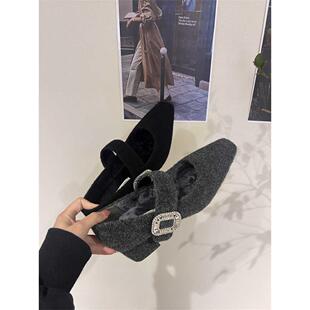 香港高跟玛丽珍毛毛鞋女鞋子2025年冬季配裙子晚晚鞋加绒水钻单鞋