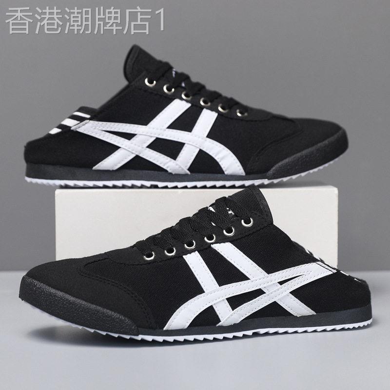 潮牌俩穿半拖帆布鞋新款时尚百搭透气薄款拼色舒适运动休闲男士鞋