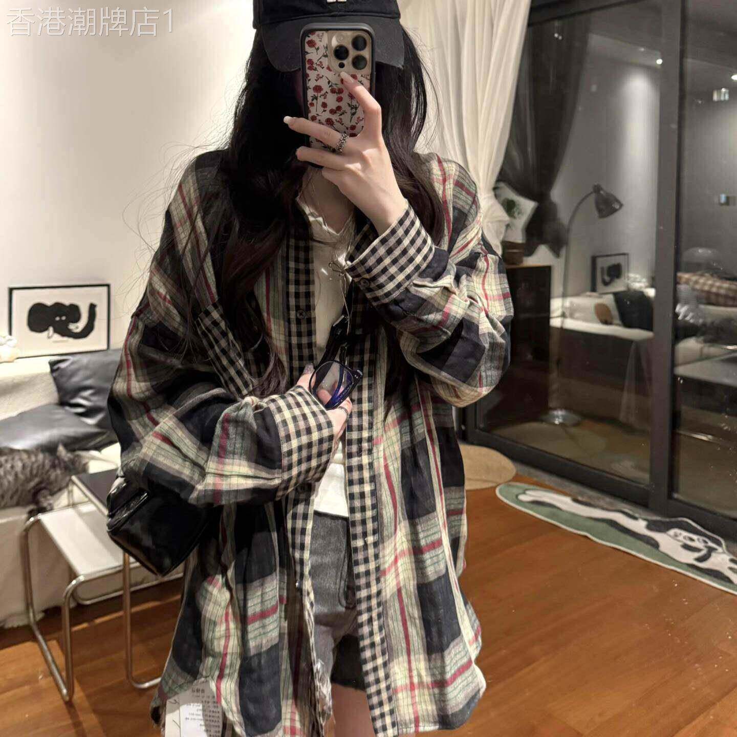 美式复古拼接格子防晒衬衫女春秋设计感慵懒宽松休闲长袖衬衣外套