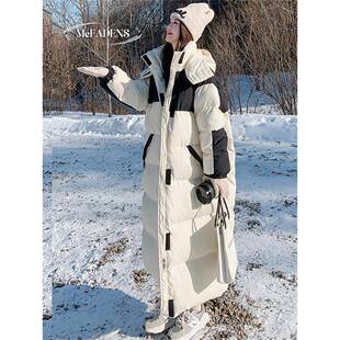 香港欧货黑白色工装白鸭绒女长款过膝新款宽松90%高端羽绒服外套