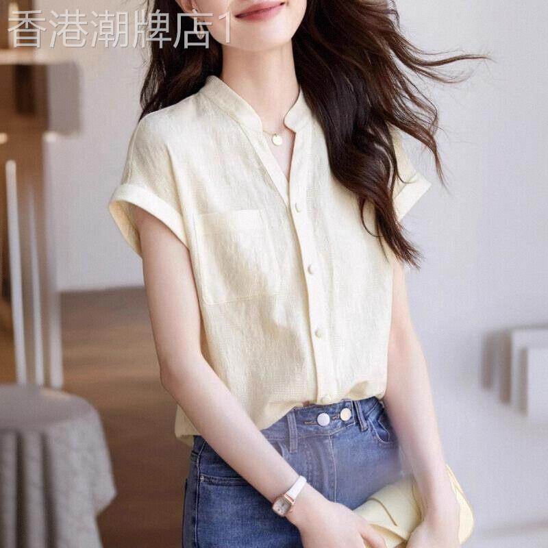 棉麻短袖衬衫女夏季2026新款时尚洋派宽松显瘦韩版休闲设计感上衣
