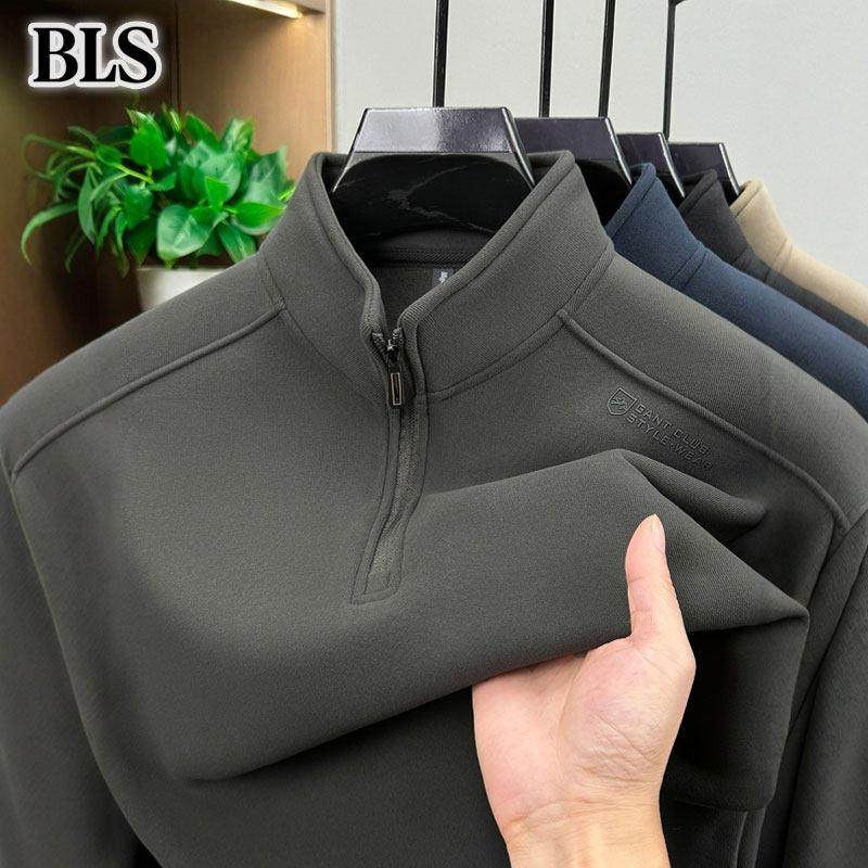 高端加绒半拉链立领卫衣男士冬季2025新款加厚保暖打底衫男款t恤